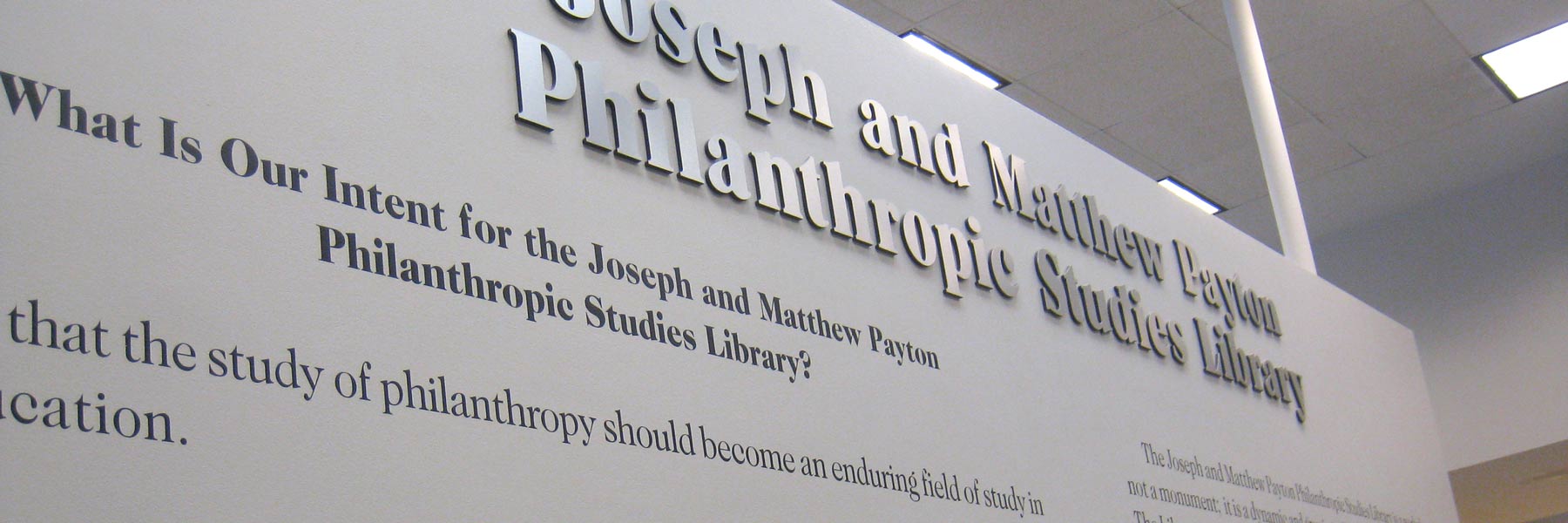 Quotes displayed on a wall inside the Philanthropic Studies Library