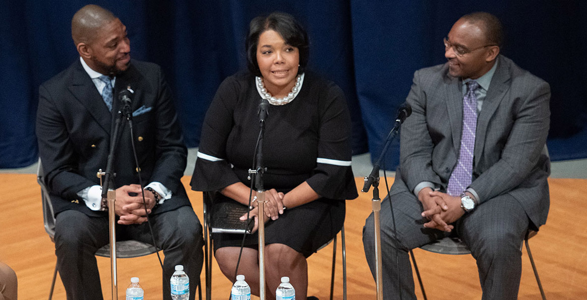 Dr. Brad Braxton, Aimée Laramore, and Rev. Starsky Wilson discuss "Race Matters: Faith & Philanthropy in the African American Community" during the Mays Family Institute Diverse Speaker Series.